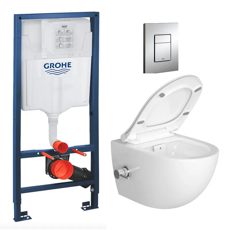 Pack WC Bâti-support Rapid SL + WC sans bride SAT avec fonction bidet thermostatique + Plaque chrome