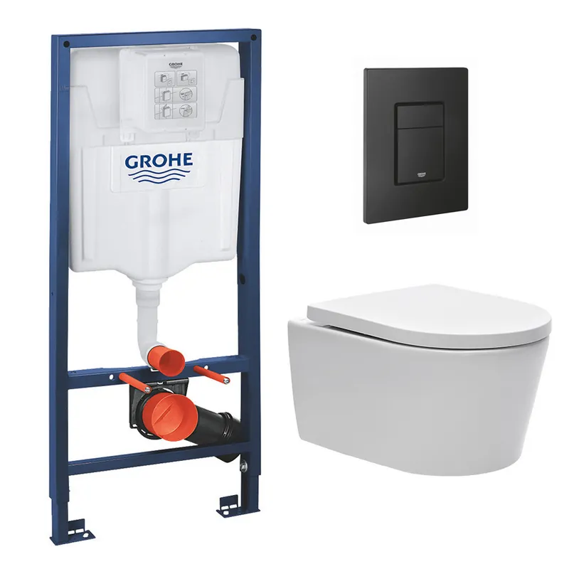 Pack WC Bâti-support Rapid SL + WC sans bride SAT + Abattant softclose + Plaque Noir mat