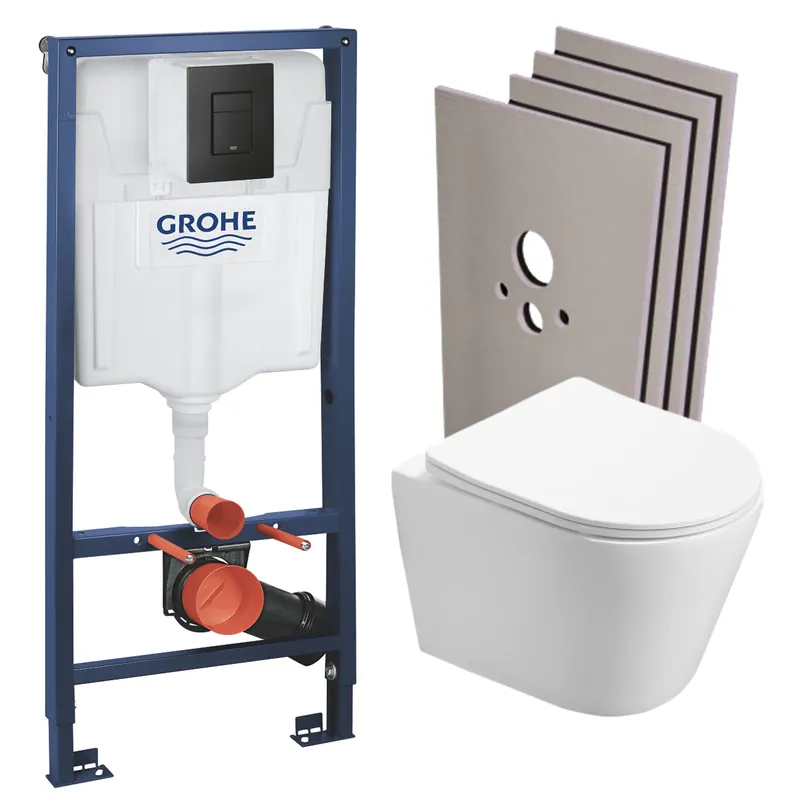 Pack WC Bâti-support Rapid SL + WC sans bride SAT Infinitio+ Abattant softclose + Plaque Noir mat + Set Habillage