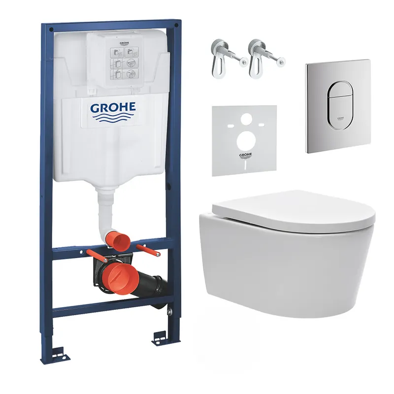 Pack WC bâti support Solido 113cm + Cuvette SAT rimless fixations invisibles + Abattant softclose + Plaque chrome (ArenaSat)