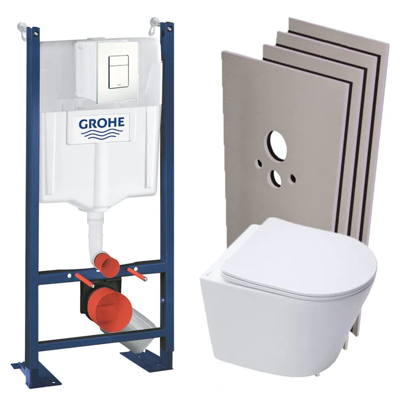Pack WC Bâti-support autoportant + WC suspendu sans bride SAT + Abattant frein de chute + Plaque Blanc + Set d‘habillage