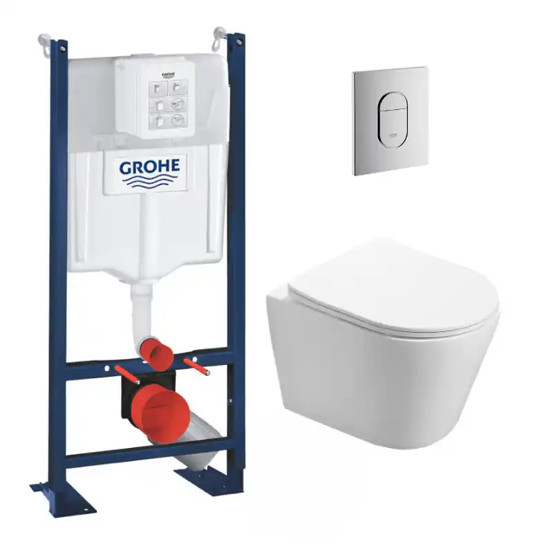 Pack WC Bâti-support autoportant RAPID SL + WC sans bride Infinitio, fixations invisibles + Plaque chrome