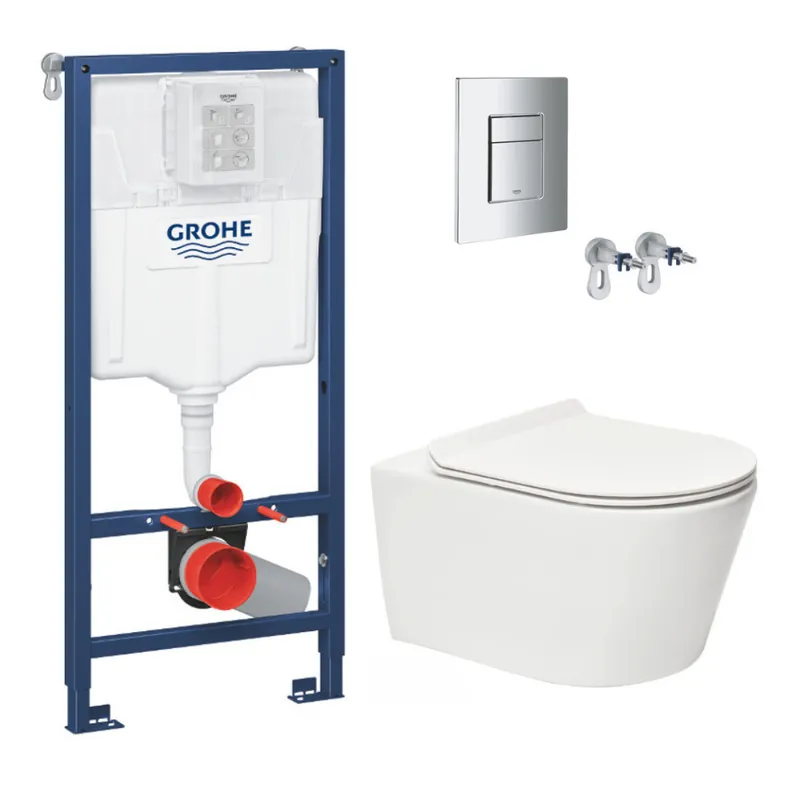 Pack WC Bâti-support Rapid SL + WC sans bride SAT Brevis + Abattant slim, softclose + Plaque chrome