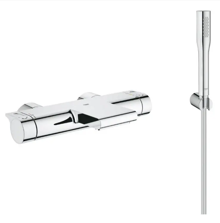 Grohtherm 2000 Set mitigeur thermostatique bain/douche + Douchette 1 jet + Flexible et support mural, Chrome (34174001-Euphoria)