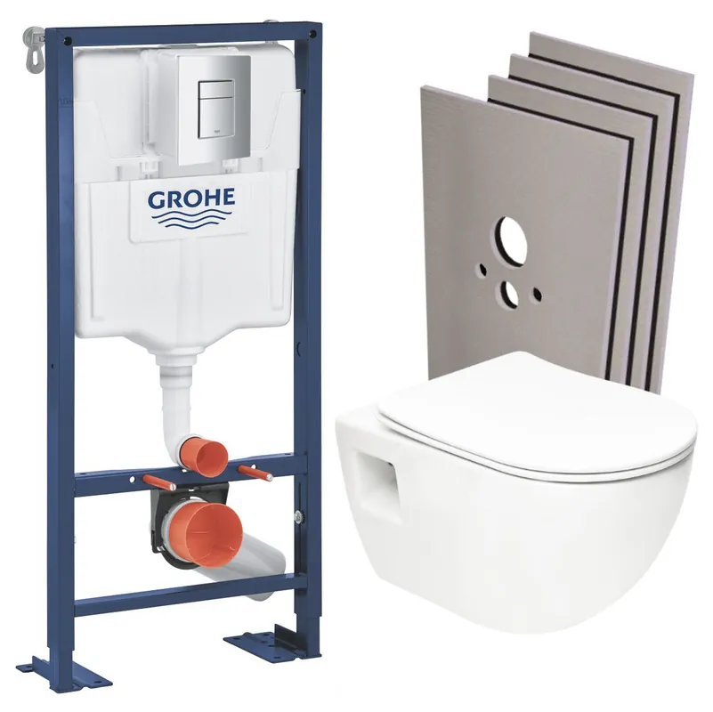 SOLIDO Pack Bâti-support + WC sans bride SAT + Abattant SoftClose + Plaque chrome+ Set d‘habillage (AUTOPORTANT-PROJECT-1-SABO)