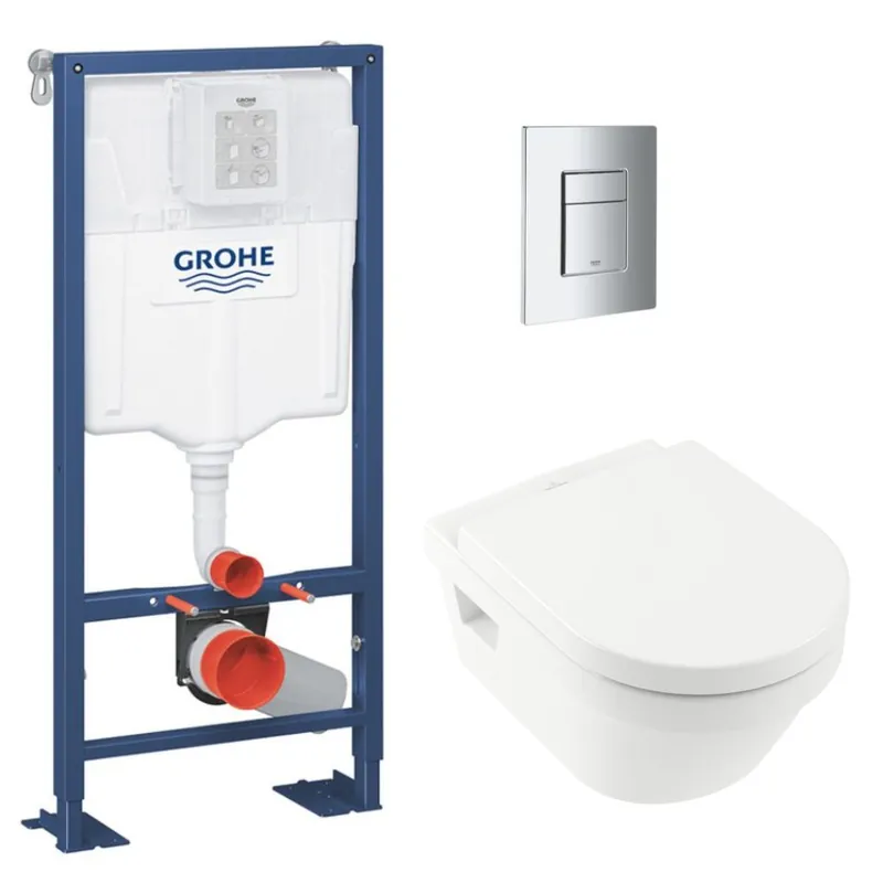 SOLIDO Pack Bâti-support + Cuvette sans bride + Abattant + Plaque chrome (AUTOPORTANT-ARCHI4-1)