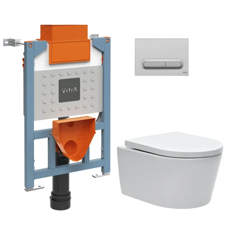 Bâti support 82cm + WC sans bride SAT + Abattant softclose + Plaque Chrome mat (VUNI82SAT-5)