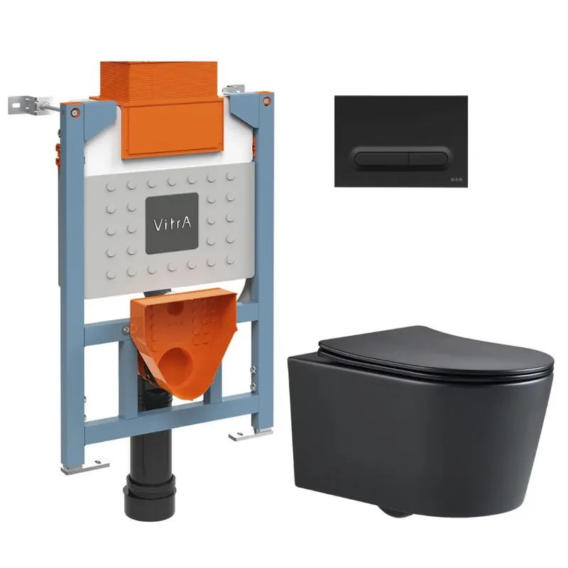 Bâti support 82cm + WC sans bride SAT + Abattant softclose + Plaque noir mat (VUNI82BLACKSATRIMLESS-6)