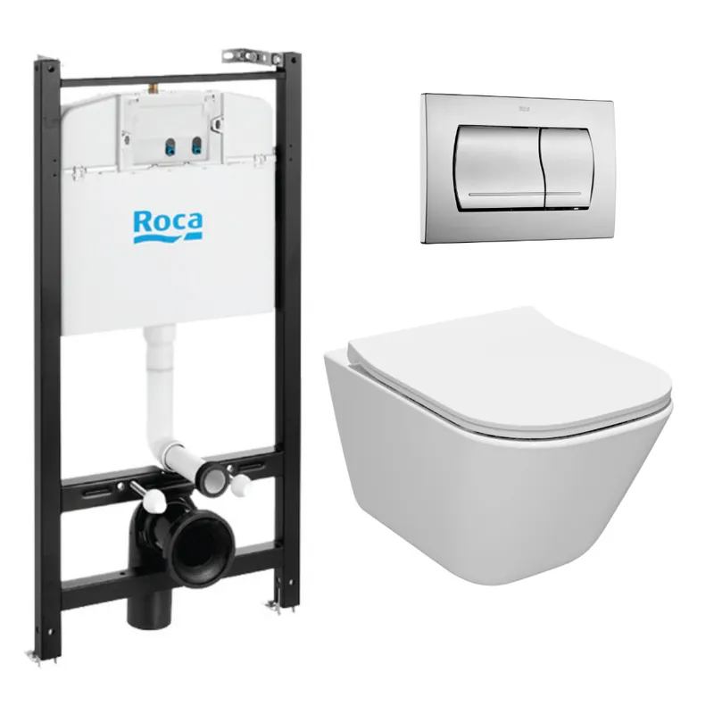 Active Pack WC Bâti-support + Cuvette sans bride + Abattant slim SoftClose + Plaque chromé mat (ROCAACTIVEGAP-2)