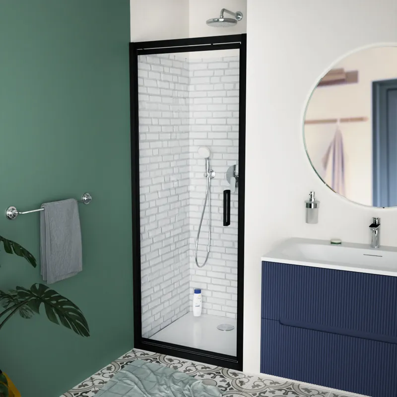 TEX-C Porte de douche 80x195cm ouverture gain de place anticalcaire avec profilés noir mat (SATTEXC80CT)
