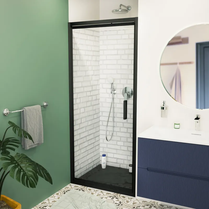TEX-C Porte de douche 90x195cm ouverture gain de place anticalcaire avec profilés noir mat (SATTEXC90CT)