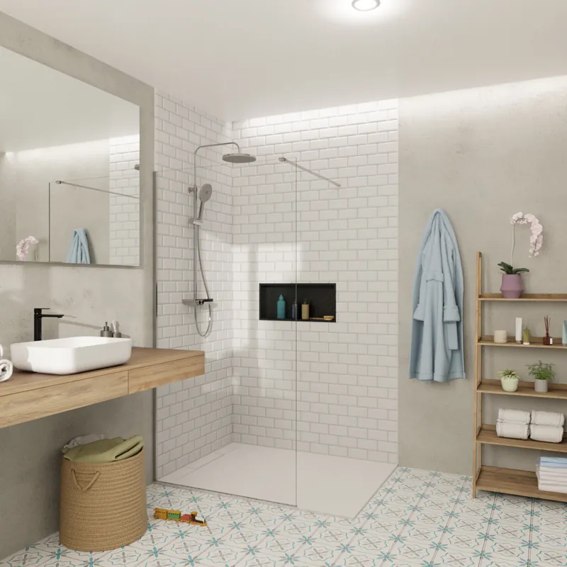 Walk-in 100x200cm paroi en verre Crystal Glass® 8 mm anticalcaire, avec bras et profilés chrome brillant (SATBWI100PR)