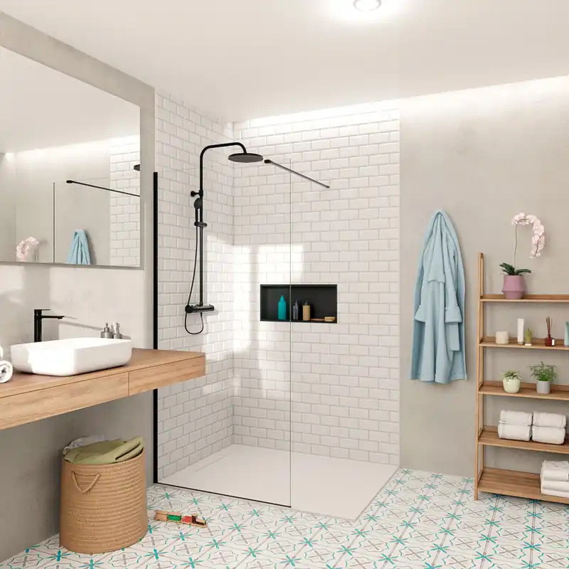 Walk-in 100x200cm paroi en verre Crystal Glass® 8 mm anticalcaire, avec bras et profilés noir mat (SATBWI100PRC)
