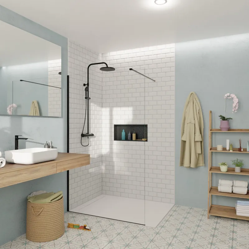 Walk-in 120x200cm Paroi en verre Crystal Glass® 8 mm anticalcaire, avec bras et profilés noir mat (SATBWI120PRC)