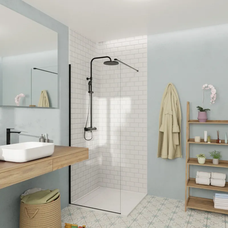 Walk-in 70x200cm Paroi en verre Crystal Glass® 8 mm anticalcaire, avec bras et profilés noir mat (SATBWI70PRC)