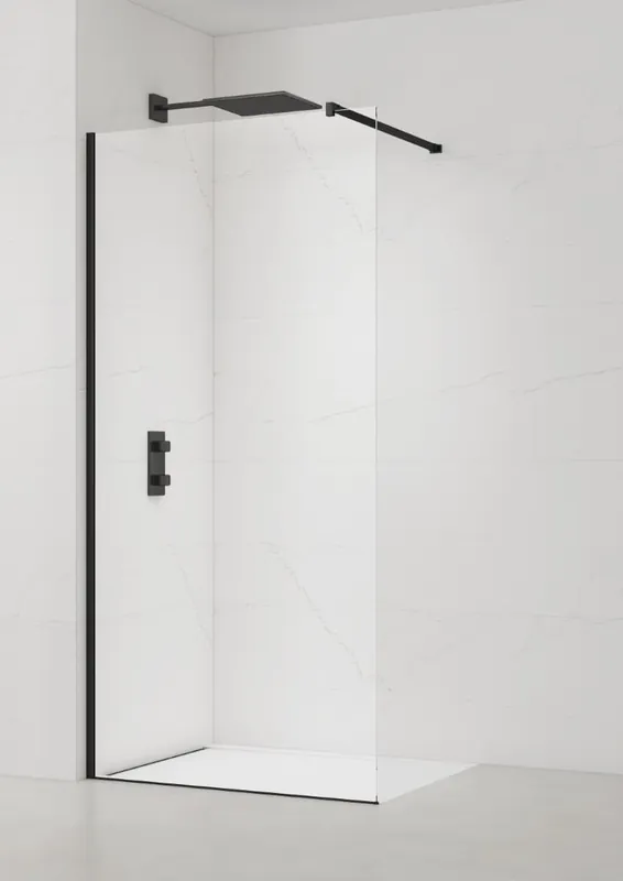 Walk-in 90x200cm Paroi en verre Crystal Glass® 8 mm anticalcaire, avec bras et profilés noir mat (SATBWI90PRC)