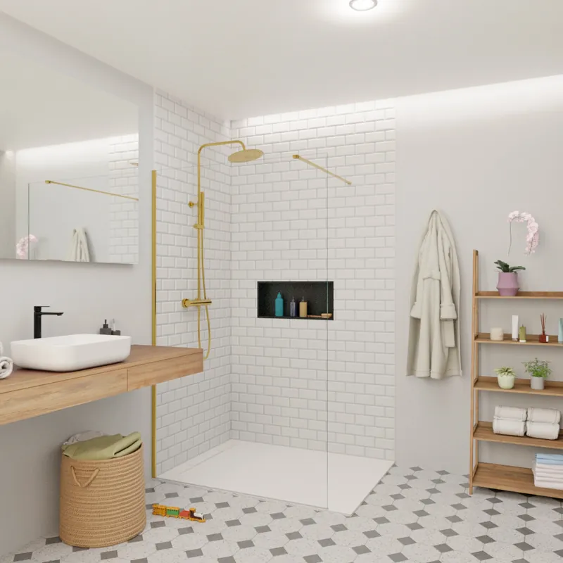 Walk-in 120x200cm Paroi en verre Crystal Glass® 8 mm anticalcaire, avec bras et profilés or (SATBWI120PRZ)