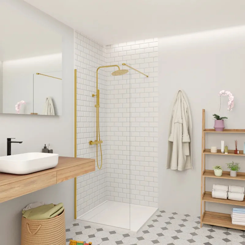Walk-in 80x200cm Paroi en verre Crystal Glass® 8 mm anticalcaire, avec bras et profilés or (SATBWI80PRZ)