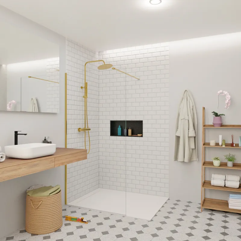Walk-in 90x200cm Paroi en verre Crystal Glass® 8 mm anticalcaire, avec bras et profilés or (SATBWI90PRZ)