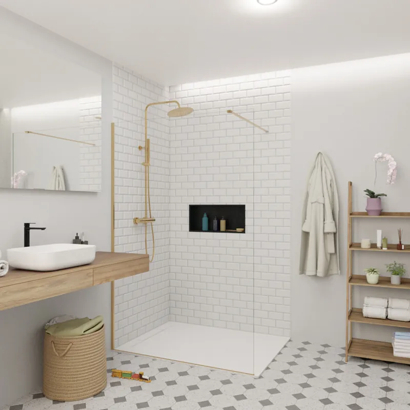 Walk-in 140x200cm Paroi en verre Crystal Glass® 8 mm anticalcaire, avec bras et profilés Laiton (SATBWI140PRMO)