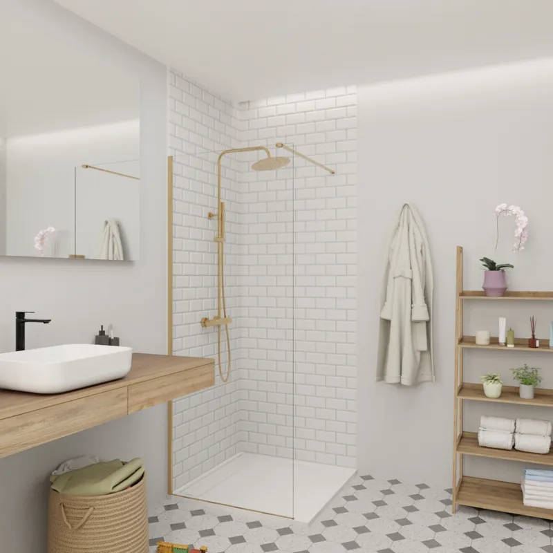 Walk-in 70x200cm Paroi en verre Crystal Glass® 8 mm anticalcaire, avec bras et profilés Laiton (SATBWI70PRMO)