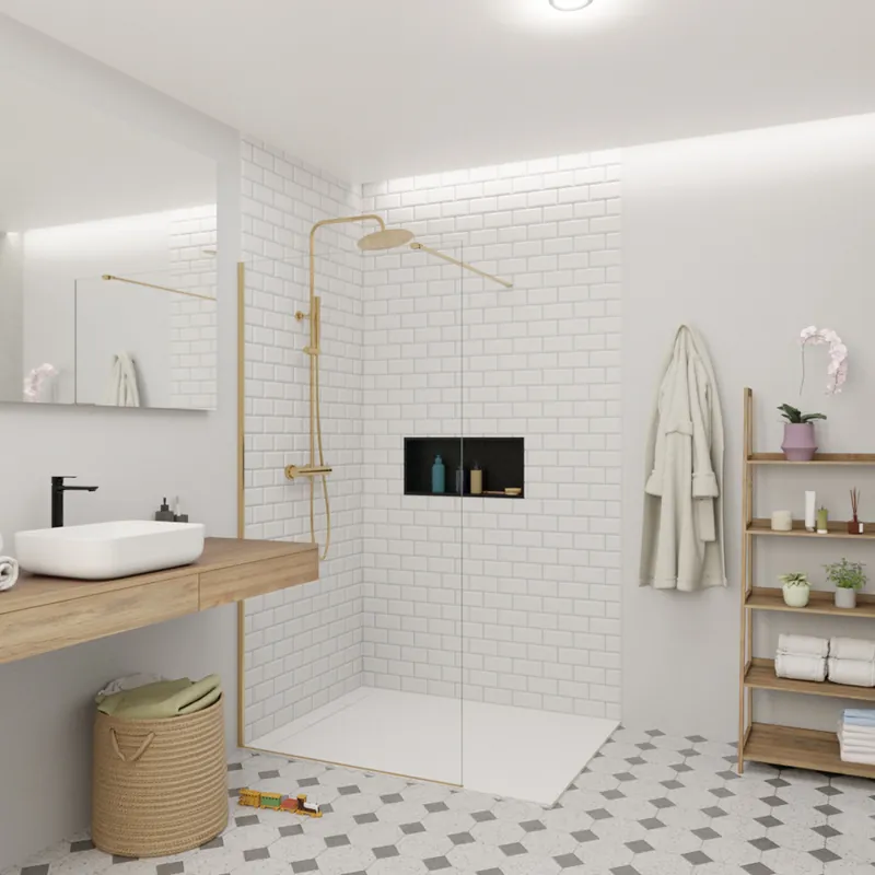 Walk-in 90x200cm Paroi en verre Crystal Glass® 8 mm anticalcaire, avec bras et profilés Laiton (SATBWI90PRMO)