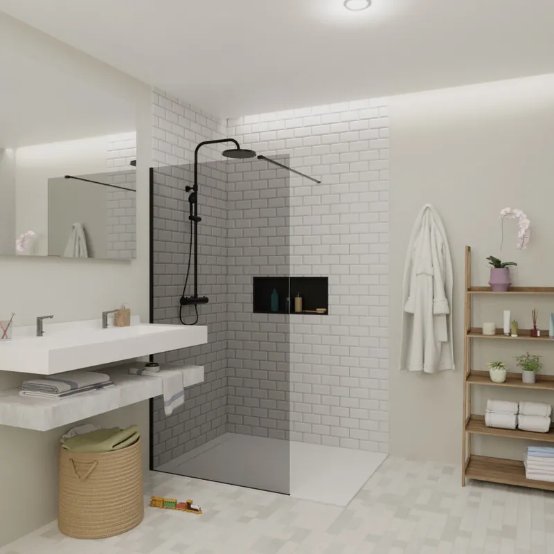 Walk-in 90x200cm Paroi en verre fumé 8 mm anticalcaire, avec bras et profilés noir mat (SATBWI90KSPRC)