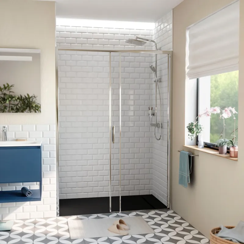 TEX BB Porte de douche 140x195cm coulissante anticalcaire avec profilés chrome brillant (TEXDBB140CRT-SET)