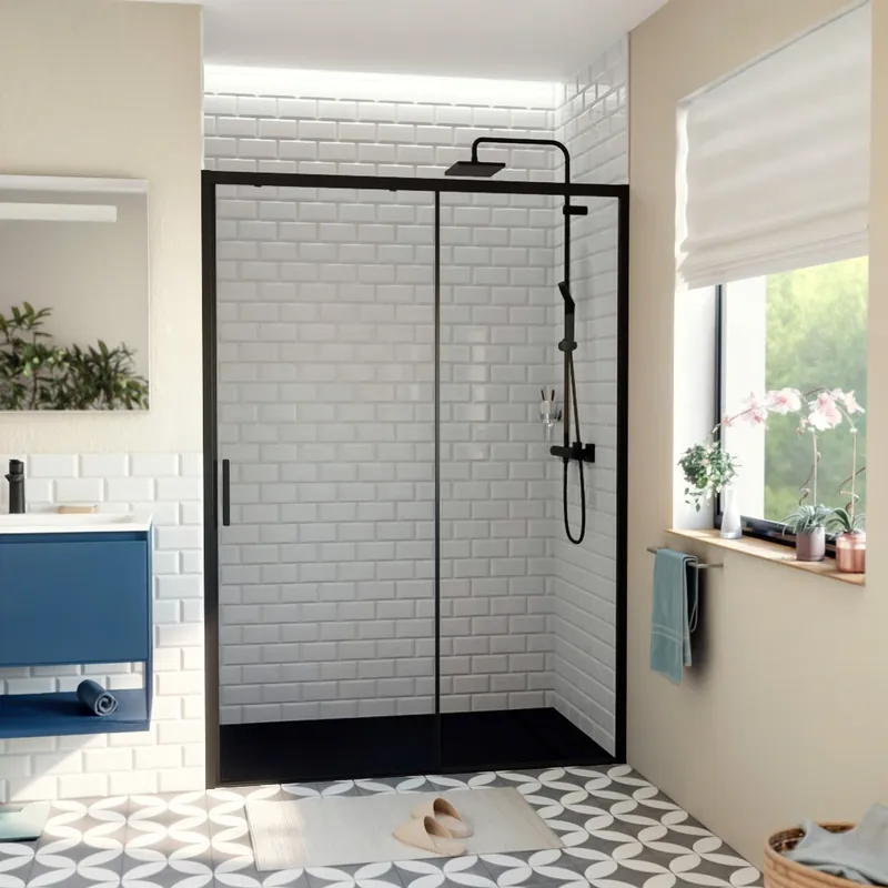 TEX BB Porte de douche 140x195cm coulissante anticalcaire avec profilés noir mat (TEXDBB140CT-SET)
