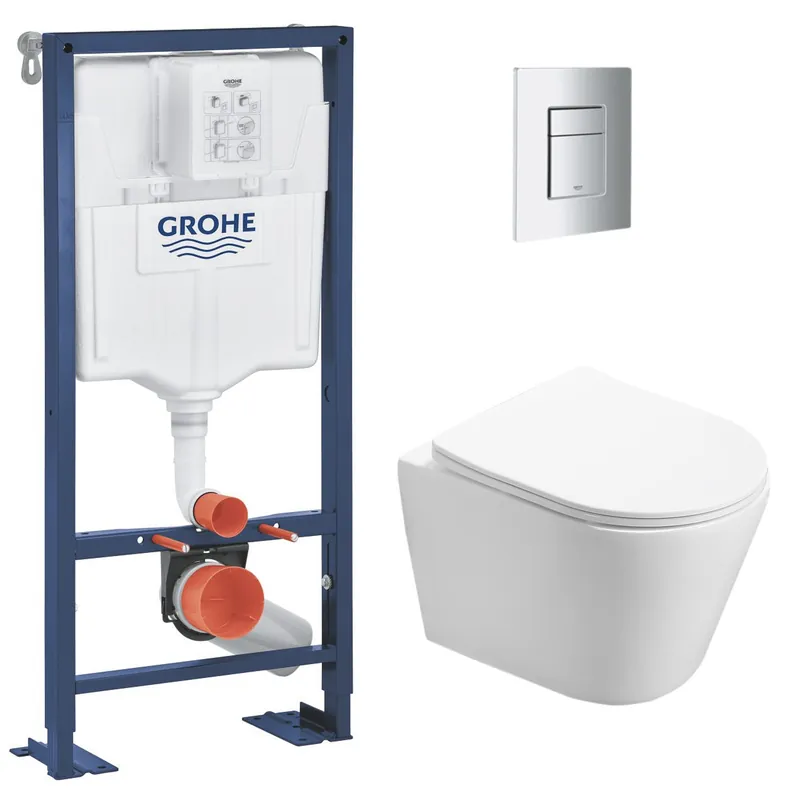 Pack WC Bati support autoportant + WC SAT sans bride + Abattant Soft close + Plaque chrome