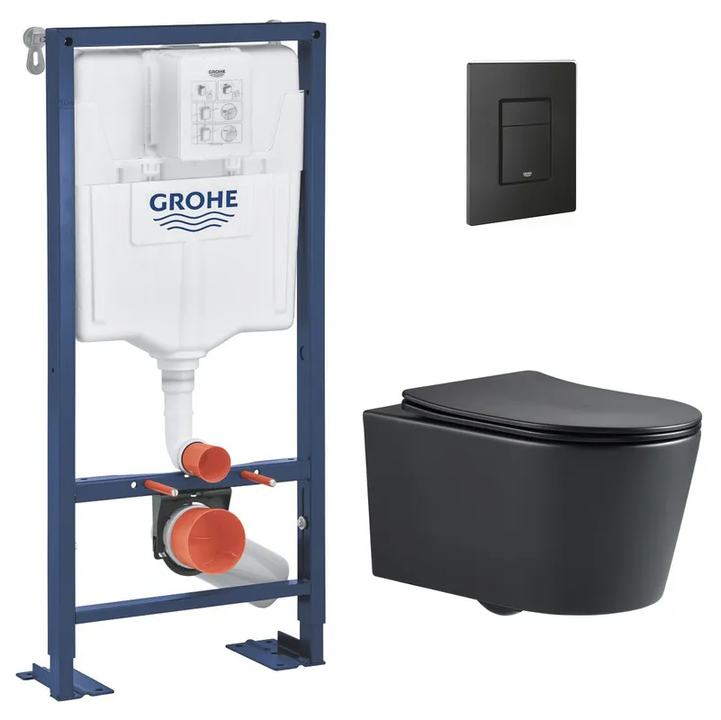 Pack WC Bâti Solido + WC sans bride SAT Noir mat + Abattant frein de chute + Plaque noir mat