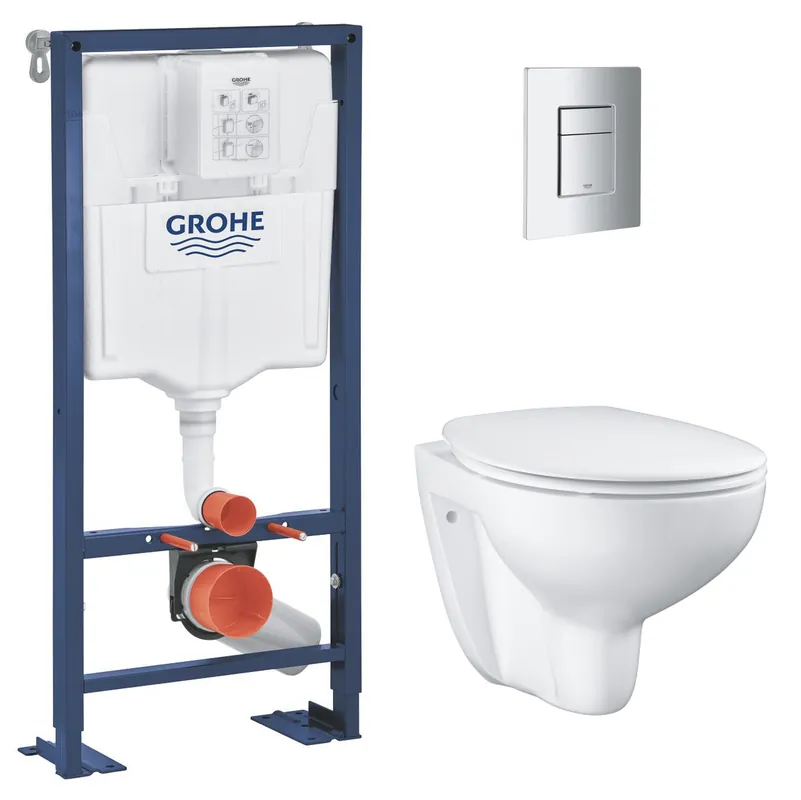 SOLIDO Pack Bâti-support + Cuvette suspendue + Abattant + Plaque chrome