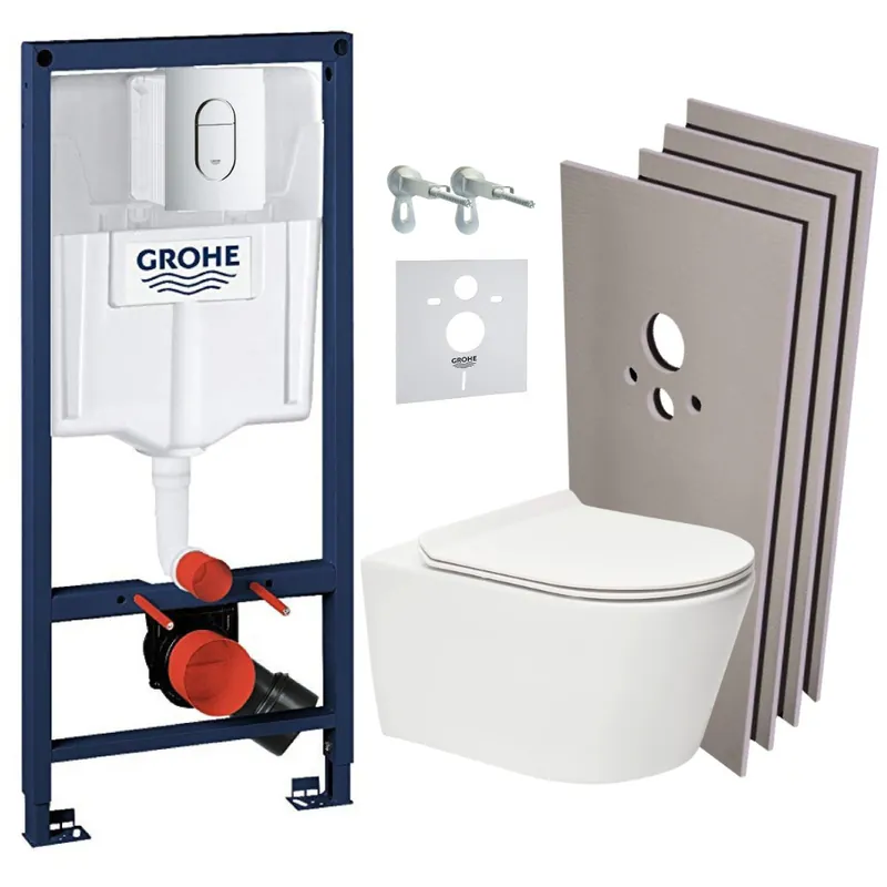Pack WC Bâti Rapid SL + WC sans bride SAT Brevis + Abattant SoftClose + Plaque chrome + Set d‘habillage (ARENABREVISSB)