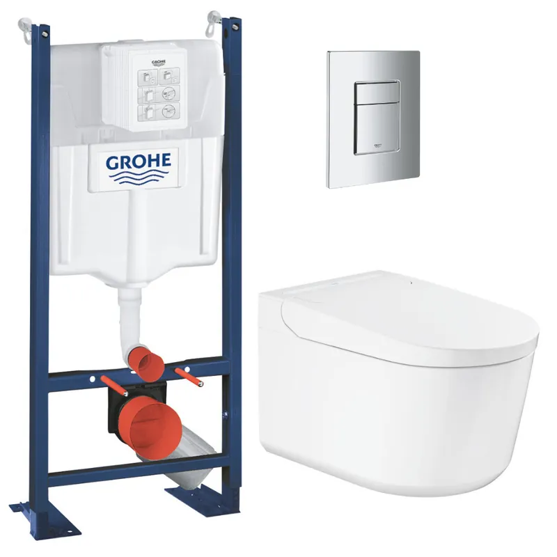 Pack WC Bâti-support autoportant RAPID SL + WC lavant suspendu Sensia Alpine + Plaque chrome (PROSENSIA1)